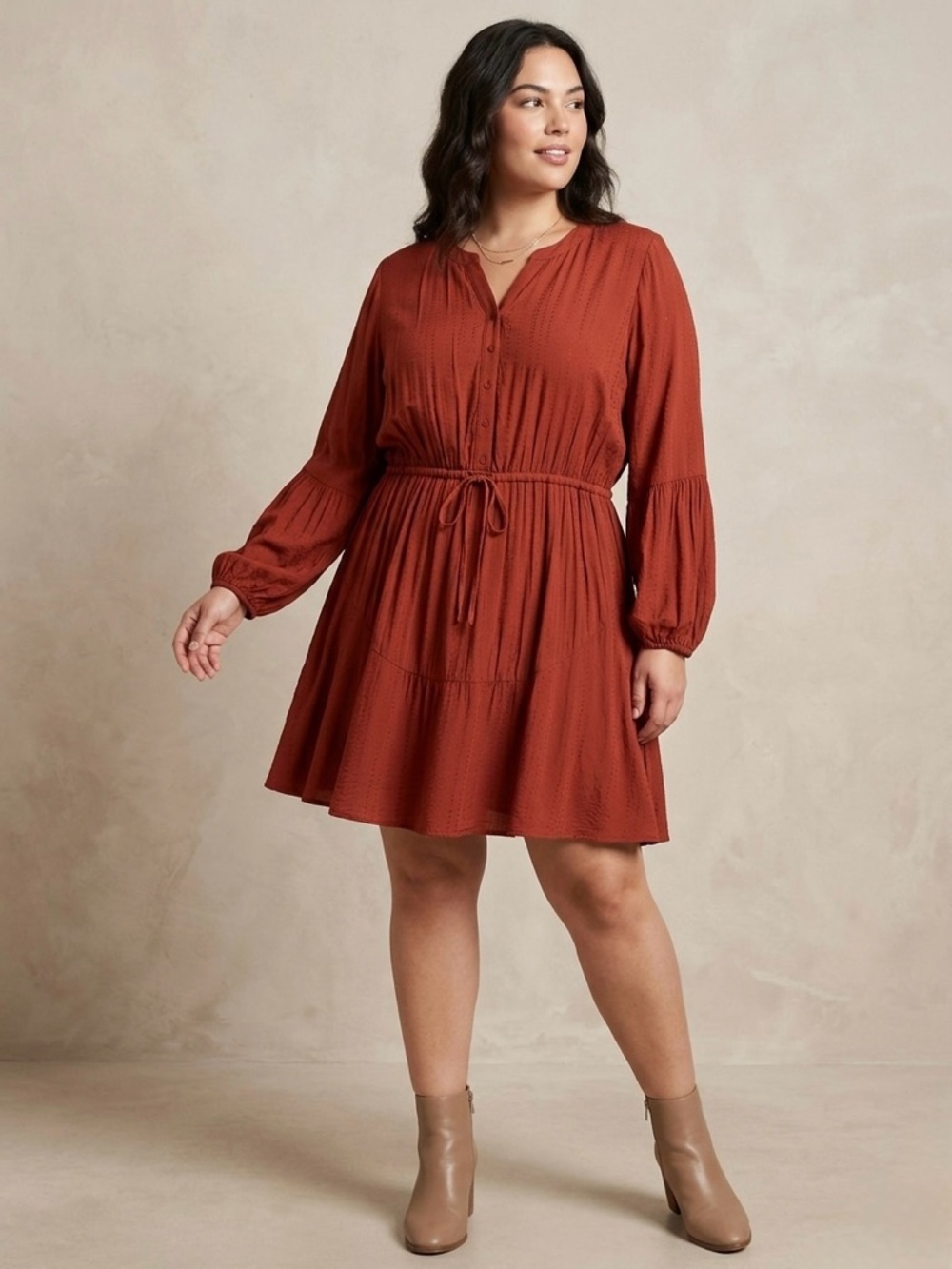Maurices Rust Red Textured Balloon Long Sleeve Boho Mini Dress Size XLarge
